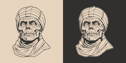 Vintage retro Halloween mummy character face portrait. spooky scary horror element. Monochrome Graphic Art. Vector. Hand drawn