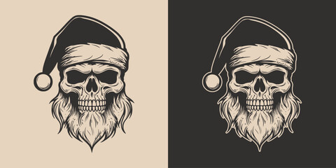 Vintage retro tattoo bad scary horror spooky skull skeleton santa claus in hat. Merry christmas xmas new year holiday halloween poster. Graphic Art. Engraving vector style