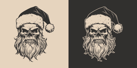 Vintage retro tattoo bad scary horror spooky skull skeleton santa claus in hat. Merry christmas xmas new year holiday halloween poster. Graphic Art. Engraving vector style