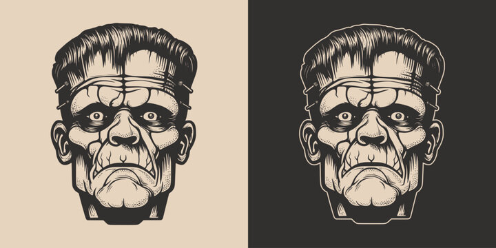 Vintage retro Halloween zombie dead frankenstein character face portrait. spooky scary horror element. Monochrome Graphic Art. Vector. Hand drawn element engraving