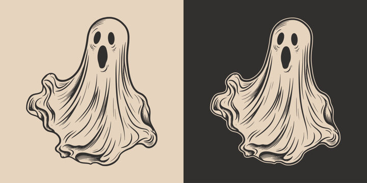 Vintage retro Halloween ghost character cartoon spooky scary horror element. Monochrome Graphic Art. Vector. Hand drawn element