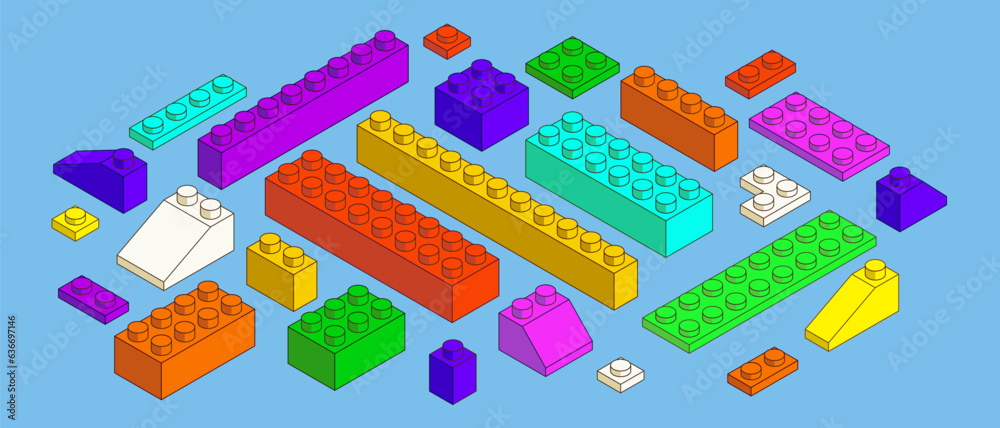 Aufkleber blocks. Isometric brick build. Plastic play pattern. Colorful development toy. Color cube. Construct part. Geometric shapes. Isolated square and rectangle elements. Vector concept