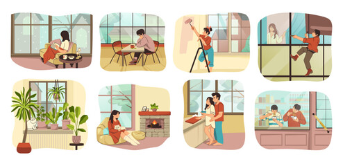 People relax. Happy characters leisure. Man drinks coffee in cafe. Woman reads book and sits at fireplace. Room windows. Friends relaxation. Cozy scenes set. Vector cartoon illustration