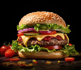 The perfect hamburger with cheese, bacon, pickles, tomato, onions and lettuce. Created with Generative AI