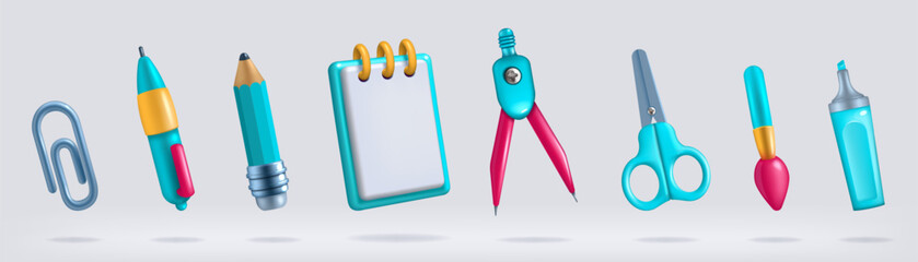 3D school pencils. Study or education elements. Stationery tools. Pen and scissors. Paper notebook. Highlighter marker. Plastic paintbrush. Clip and compass. Vector render objects set