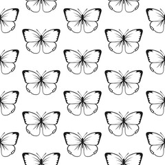 Butterfly Seamless Pattern. Decorative Fly Insect Background. Black and White Botanical Texture