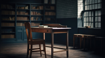 Class and furniture style desk, chair, geometric tools, Grey stone wall background, bookshelf and blackboard, school interior and start of school.