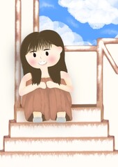 A cute girl sits alone on the stairs leaning against the wall.