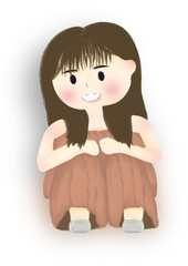 illustration of a young girl in a brown dress squatting alone