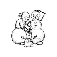 Funny Snowman Character as Winter Snow Figure Sketch Drawing Vector Illustration