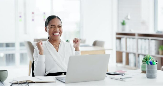 Business woman, fist celebration and laptop with smile, goals and success in trading, gambling or investing. Entrepreneur, computer and excited dance for profit, bonus or sales with financial freedom