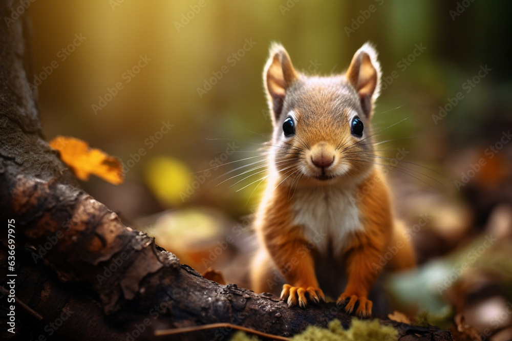 Wall mural closeup portrait of adorable baby squirrel sitting in autumn forest and looking at the camera