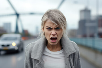 Anger European Woman In Gray Cardigan On City Background - obrazy, fototapety, plakaty
