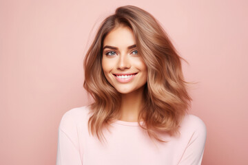 Naklejka premium Beautiful Young Happy European Woman On Pink Background