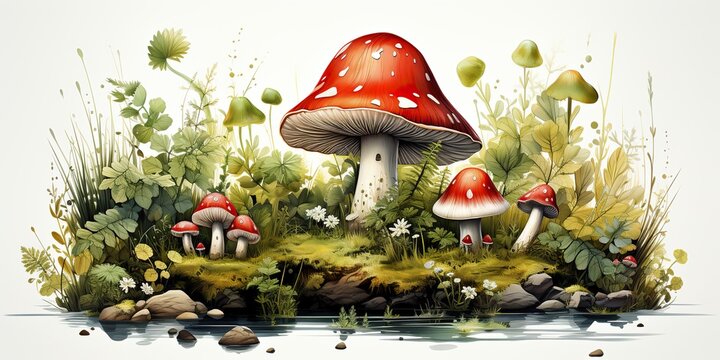 AI Generated. AI Generative. Draw paint watercolor sketch mushrooms decoration background canvas paint. Graphic Art