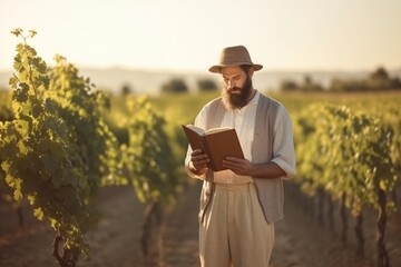 A man in a hat and peasant clothes with a book in the background of a vineyard. The winemaker works at dawn.