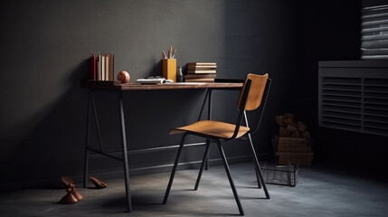 Class and furniture style desk, chair, geometric tools, Grey stone wall background, bookshelf and blackboard, school interior and start of school.