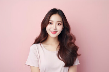 Fototapeta premium Beautiful Young Happy Korean Woman On Pink Background