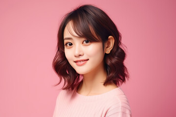 Beautiful Young Happy Japanese Woman On Pink Background