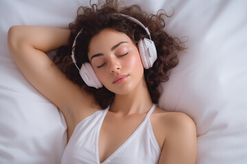 Beautiful Young Italian Woman Sleeping On White Sheets Wearing Headphones