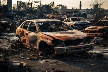 Desolated, Shattered Car Junkyard With Rusted Hulks Scattered