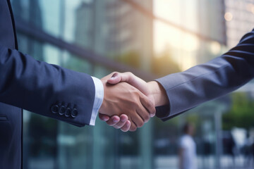 Businessmen Do Handshake With Partner In Front Of Defocused Business Center