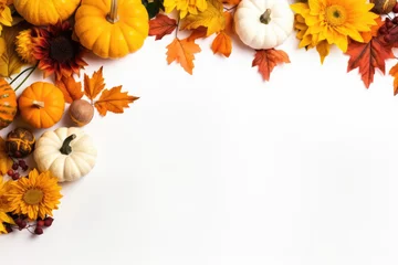Fototapete Flat Layout Of Dried Leaves, Pumpkins, And Flowers On White Thanksgiving Day © Anastasiia