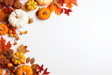 Fototapeta premium Flat Layout Of Dried Leaves, Pumpkins, And Flowers On White Thanksgiving Day