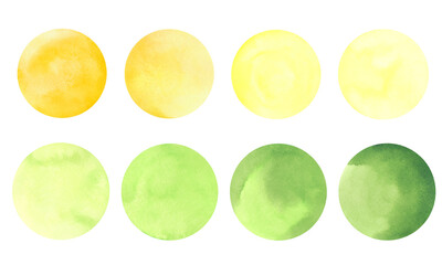 A set of watercolor circles, spots of yellow and green with a gradient isolated on a white background. Hand-drawn. The texture of watercolor on paper. An element for design and decoration.