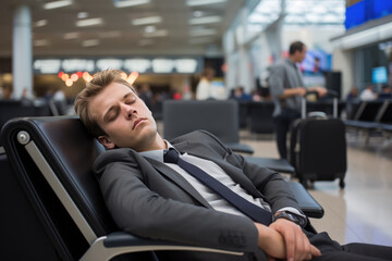 Man Lies On Chairs At The Airport Jetlag