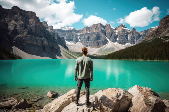 Man Against Beautiful Turquoise Lake And Rocky Mountains, Rear View