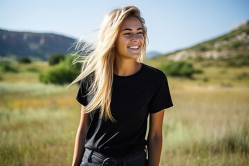 Happiness European Girl In Black Tshirt On Nature Landscape Background