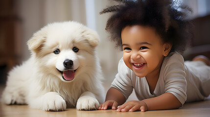 A little black African American baby playing with cute white puppy puppy in white room.