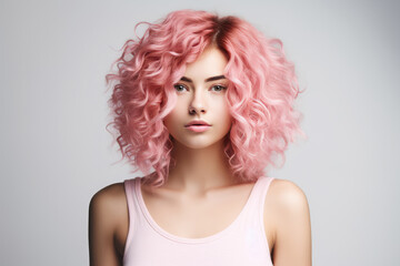 Woman With Pink Short Curly Long Hair On White Background