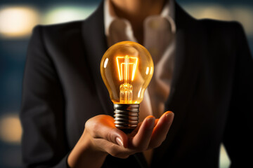 Woman In Business Suit Holding Burning Incandescent Lamp, Closeup