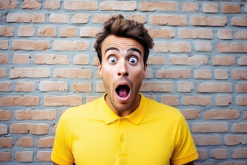 Surprise European Man In Yellow Polo Shirt On Brick Wall Background. Polo Shirt Trends, Surprise In Fashion, Brick Wall Background, Bright Yellows, European Street Style, Mans Fashion