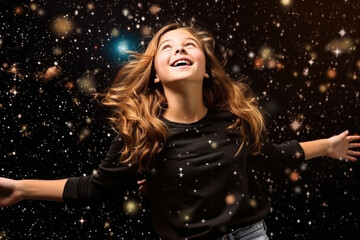 Surprise European Girl In Black Jeans On Galaxy Stars Background