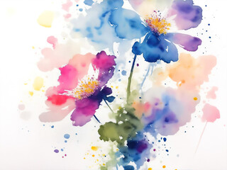 Fototapeta na wymiar Watercolor flowers background isolated on white, abstract flowers made from watercolor paint splashes, wet on wet and splattering illustration