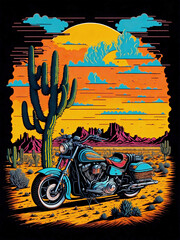Retro motorcycle in the California desert with cacti in the background at sunset, flat sticker illustration.
