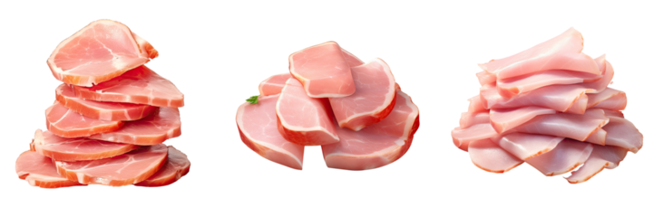 High resolution close up image of boiled ham slices isolated on transparent background