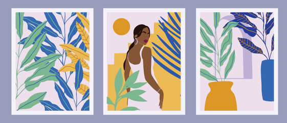 Trendy modern tropical art print collection. Mid century style vector illustration. Vogue woman portrait. Boho exotic vintage abstract design for poster, card, t-shirt, post, commercial, wall art.