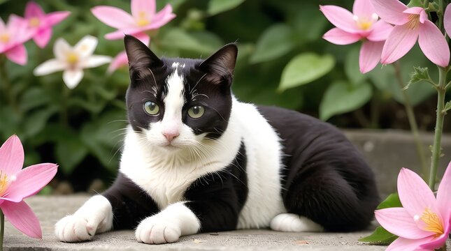 Cute cat surrounded by beautiful nature and vibrant flowers (AI generated)