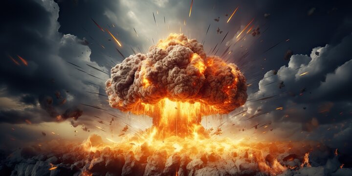AI Generated. AI Generative. Nuclear atomic explosion boom mushroom fire flame smoke apocalypse detonation. Graphic Art