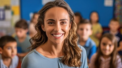 Fototapeta premium Happy female teacher in an elementary school classroom.