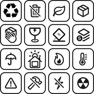 set of icons for handling and packing vector collection isolated on transparent background. 16 linear icons for box instruction packaging. packing information icons.