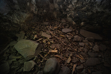 Animal bones on one of the floors Svaneti towers inside. the watchtower. Interior Tower of Love in Mestia in the mountains part of Georgia