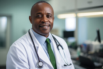 Portrait of smiling african american doctor standing in hospital corridor