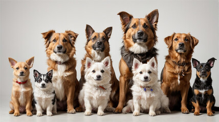 Naklejka na ściany i meble Group portrait of dogs of various shapes, sizes, and breeds. Stray pets with happy expression waiting for adoption. generative AI