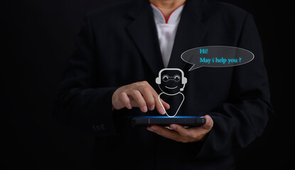 AI Chat technology concept : Man using smart robot AI to enter command prompt for generates...