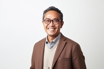 asian man wearing eyeglasses and brown jacket on white background